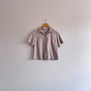 Vintage Neutral Linen Cotton Blend Embroidered Detail Button Up Shirt - M